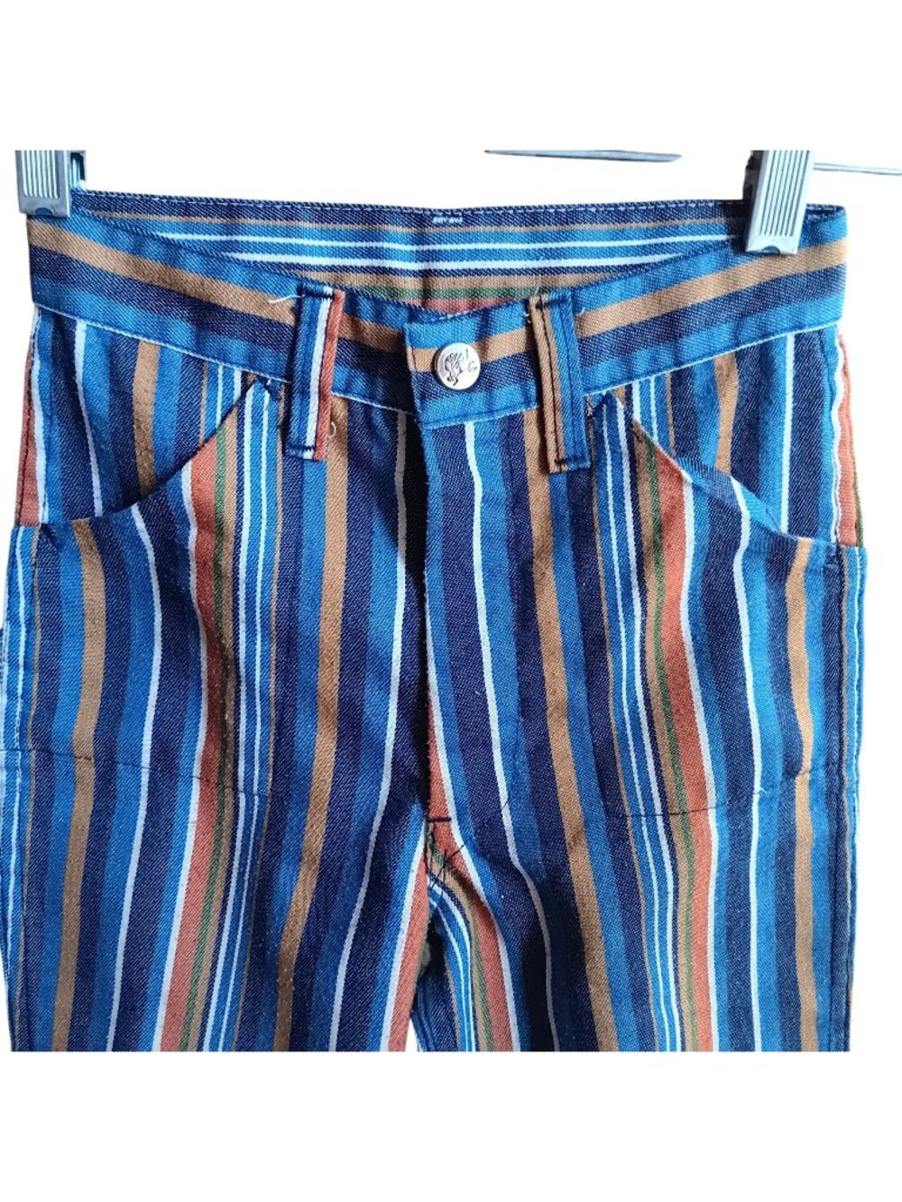 Vintage Boys 20x17 Jeans 1970's Blue Multicolor Striped Pants Distressed Knees